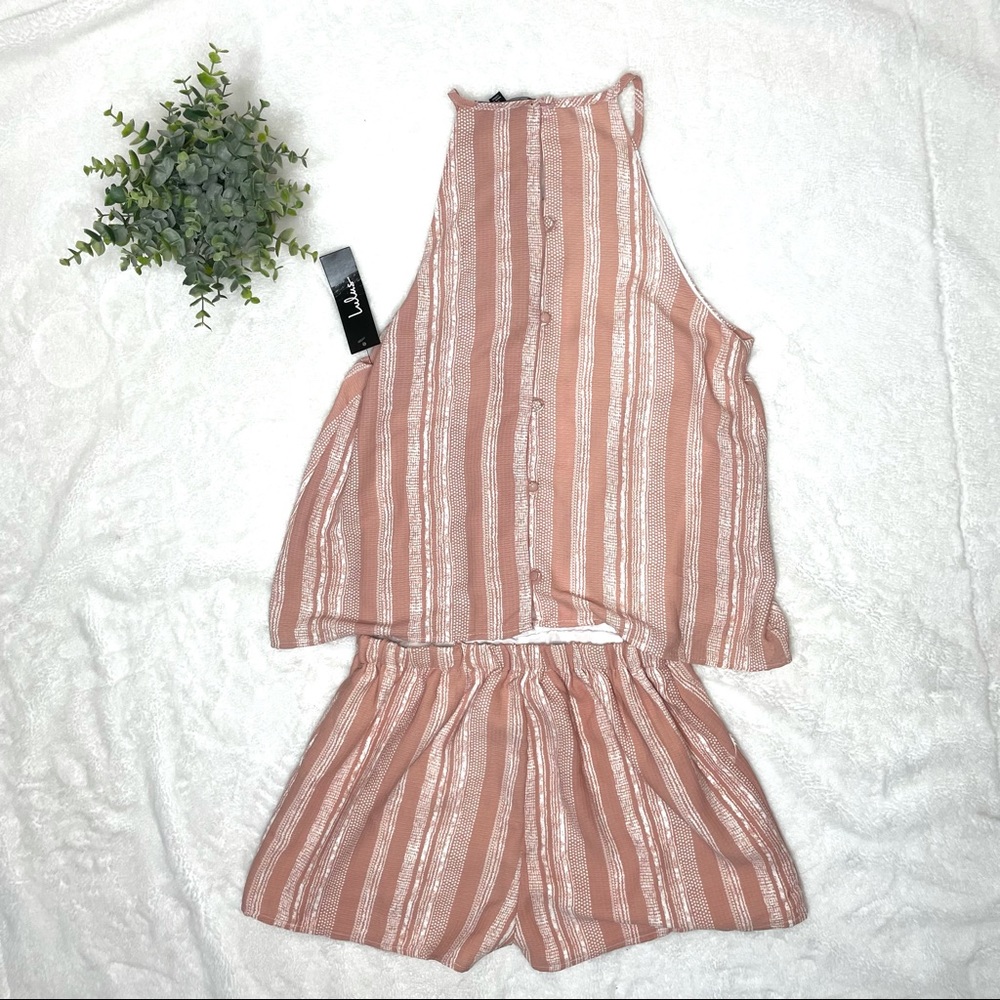 Lulu’s See You Smile Blush Pink Striped Romper Small Sleeveless Shorts - Picture 6 of 8